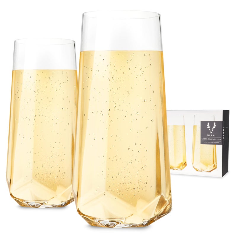 Viski Seneca Faceted Stemless Champagne Flutes, Crystal Clear Sparkling Wine Glasses for Prosecco, Sparkling Cocktails, Mimosas, Elegant Glassware for Wedding Gifts, Home Bar, 10 oz, Set of 2 - Image 1